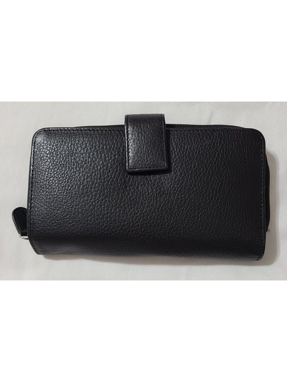 Black Pebbled Genuine Leather Zip-Around Wallet Women Sz M Organozer CC ID Slots
